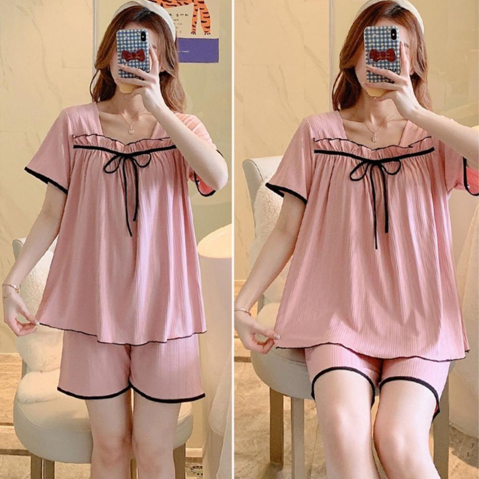 Đồ Bộ Nữ - Đồ Mặc Nhà Vải Thun Tay Cộc Quần Cộc Màu Trơn Phối Nơ Dễ Thương CCTT11