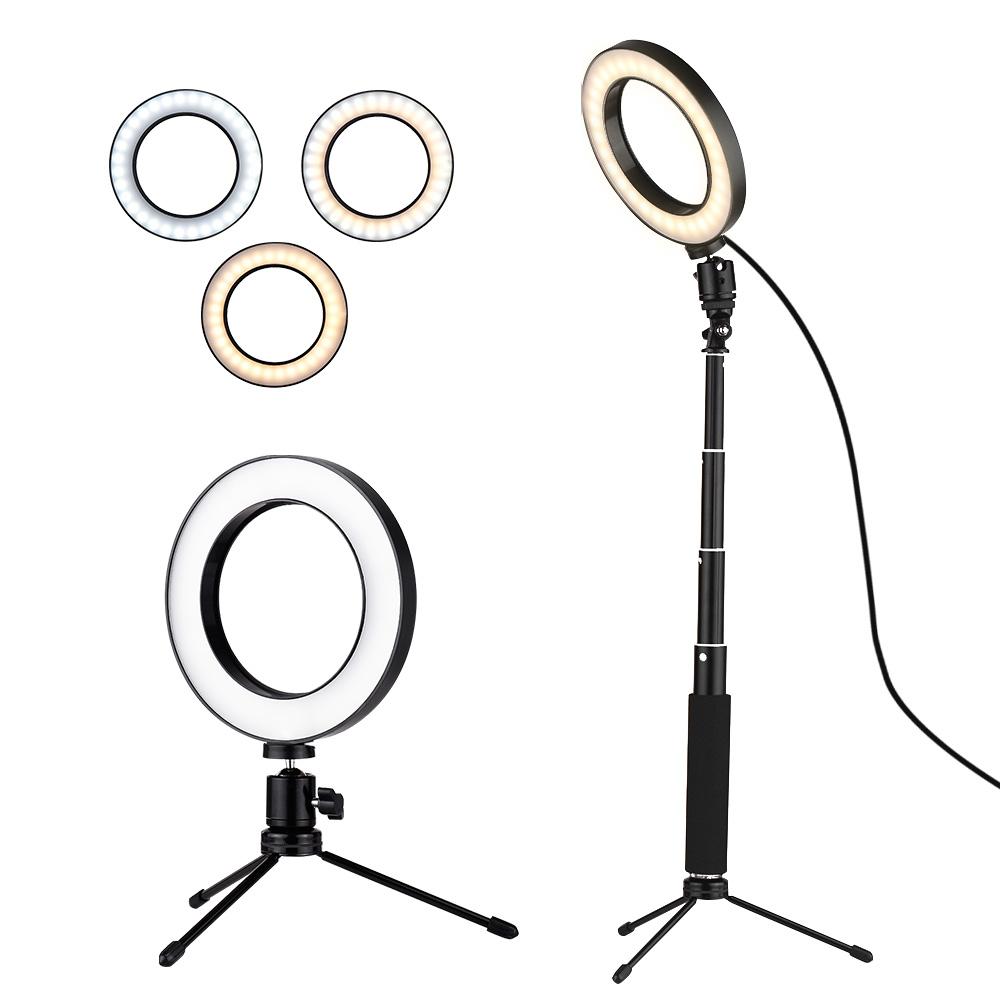 6 Inch Mini LED Video Ring Light Lamp Dimmable 3 Lighting Modes USB Powered with Telescopic Light Stand Mini Desktop