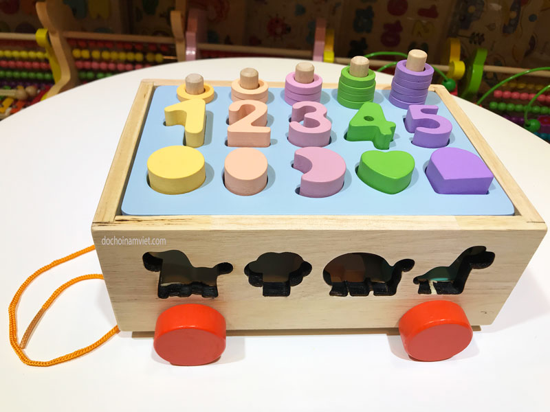 Xe kéo ô tô thả hình khối, con vật, học số và tập đếm xâu hạt đồ chơi gỗ