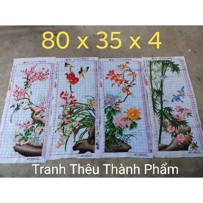 (Đã thêu) Tranh thêu thành phẩm tứ quý đào lan cúc trúc