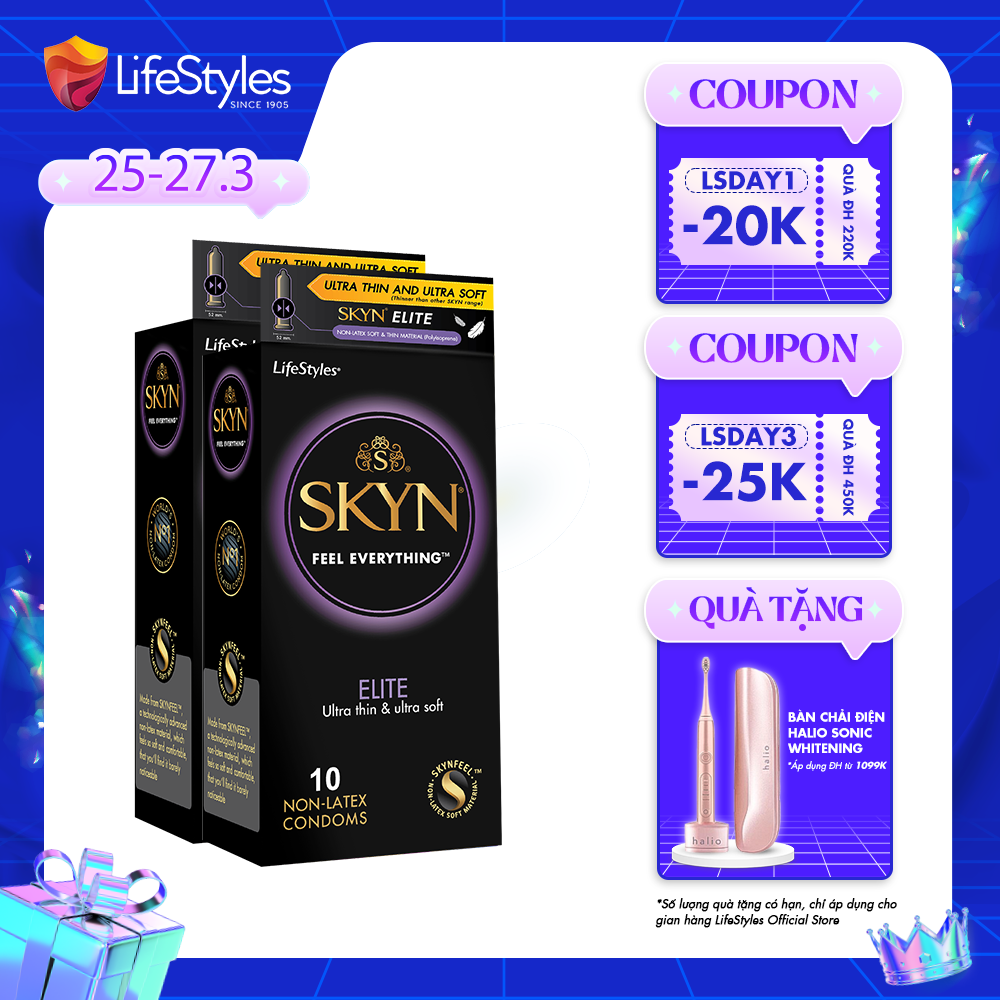 Bộ 2 Bao cao su LifeStyles SKYN Elite Non-latex siêu mỏng siêu mềm không mùi cao su 10 bao