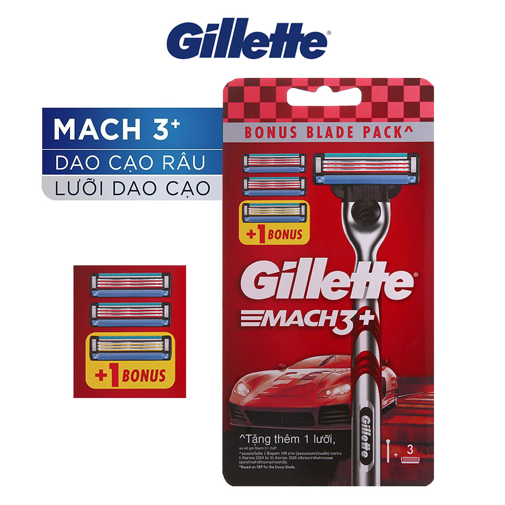 Dao Cạo Râu Gillette Mach 3 Plus Màu Đỏ, Lưỡi Cạo Thiết Kế Đặc Biệt Điều Chỉnh Theo Từng Góc Độ Khuôn Mặt, Tặng Thêm 2 Lưỡi Thay Thế -HÀNG CHÍNH HÃNG