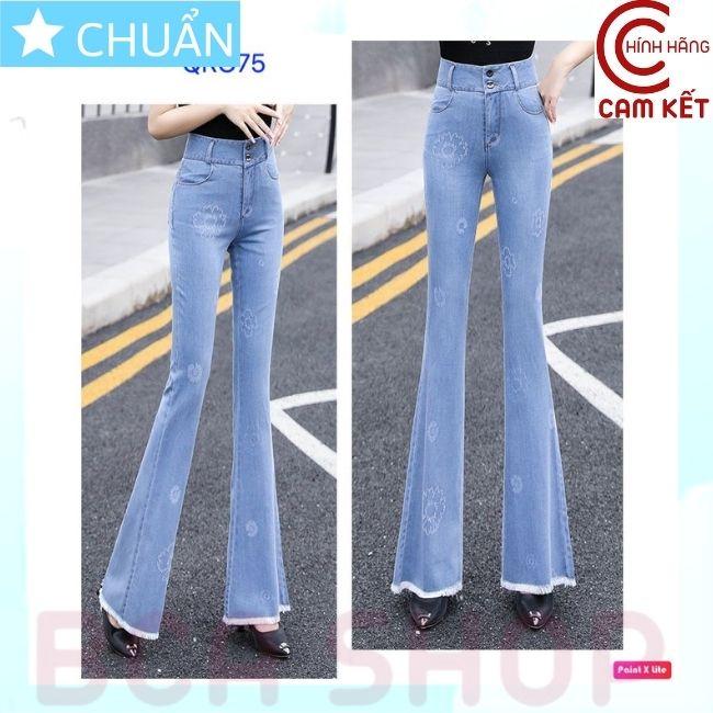 Quần jean nữ ống loe QRO75 ROSATA tại BCASHOP dáng dài thêu hoa, lưng cao 2 nút, phom chuẩn, chất liệu jean cao cấp