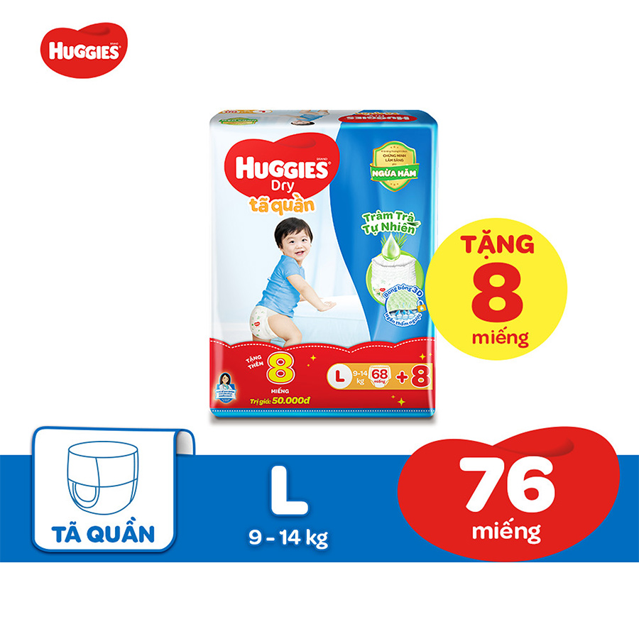 Tã Quần Huggies Dry Tràm Trà Tự Nhiên Gói Cực Đại L68 (68 miếng) + Tặng 8 miếng