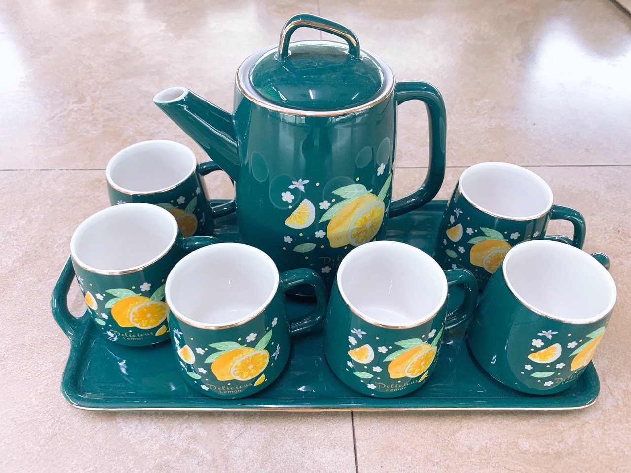 Bộ ấm chén kèm khay  sứ Tea Set pha trà cà phê màu xanh cổ vịt họa tiết  hoa quả chanh - ANTH241