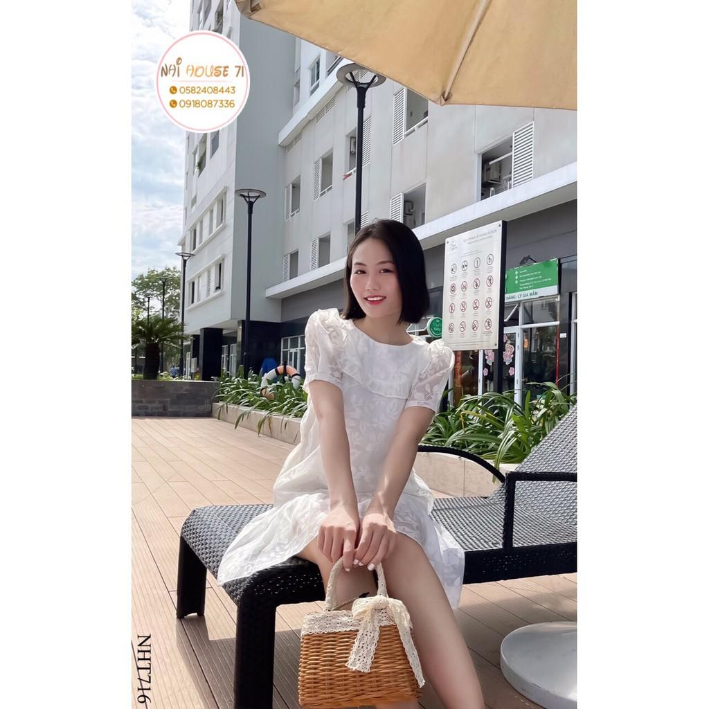 Đầm Suông NHIHOUSE71 Tay Phồng Cổ Bèo Chất Voan Tơ Dệt Hoa Văn 3D 2 Lớp Dưới 60kg