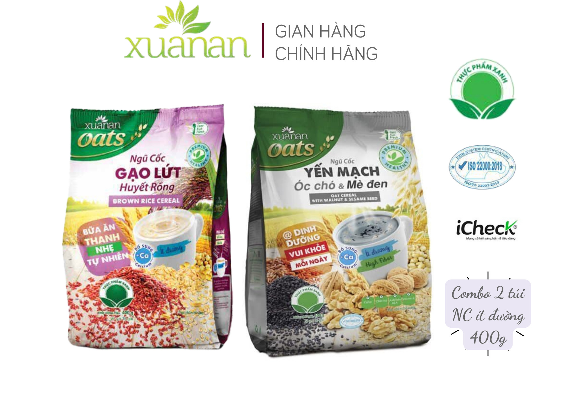 Combo Ngũ Cốc Gạo Lứt Huyết Rồng 400G + Ngũ Cốc Yến Mạch Óc Chó Và Mè Đen 400G [ít đường] (Tặng Kèm 2 Túi Yến Mạch 180G)