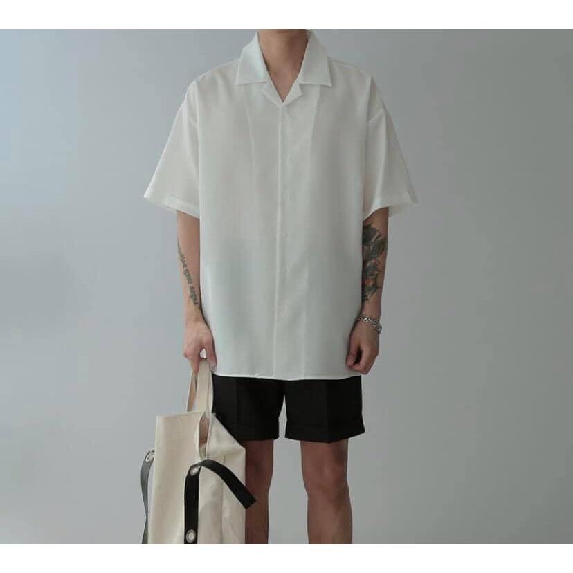 Áo Sơ Mi Trơn thun Cổ Vest Tay Ngắn Nam Cho Tomboy Trắng Đen Form Rộng Bigsize 100kg Unisex Cao Cấp Công Sở Nguyễn Nguyên