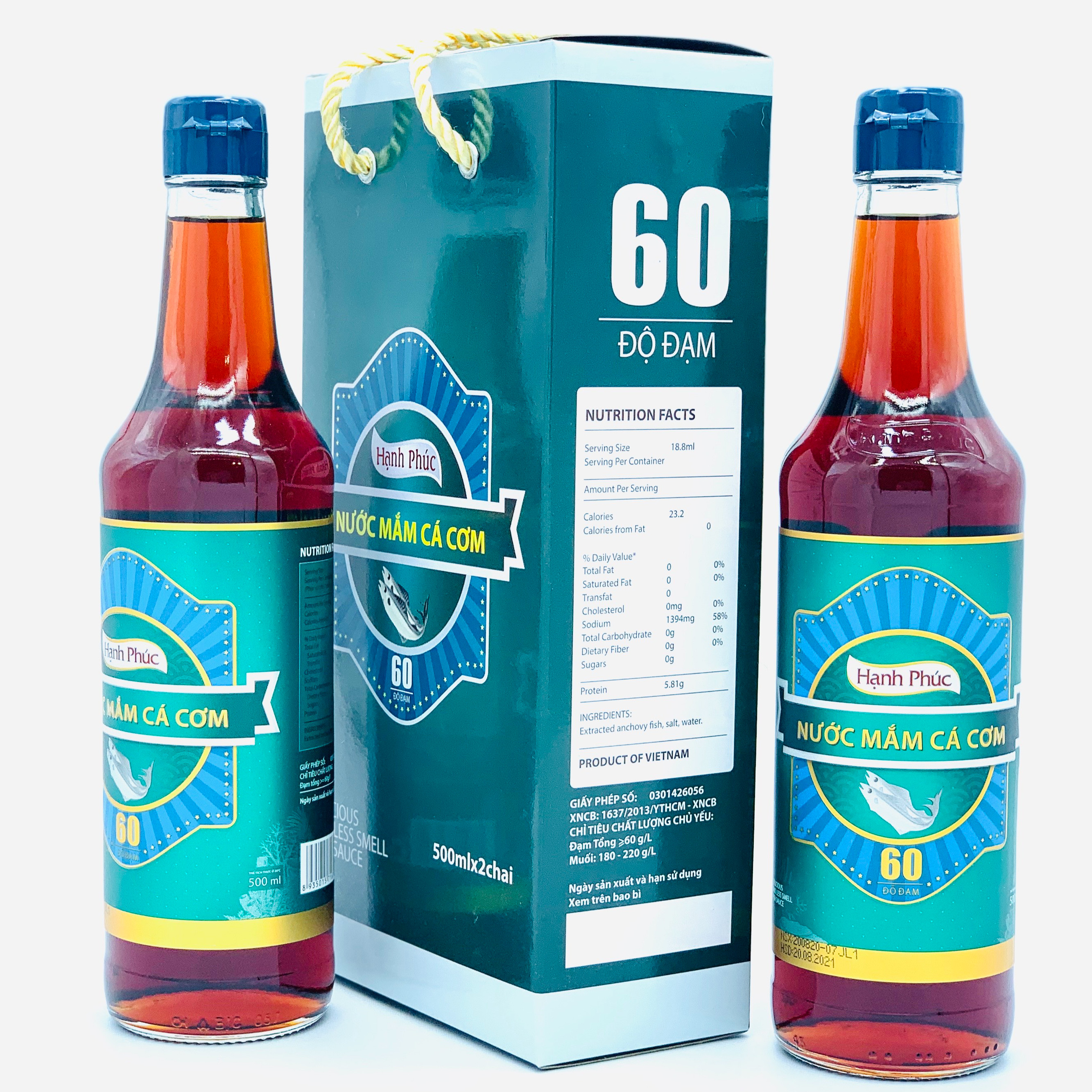 ( THÙNG XỐP)Combo 2 Chai Nước Mắm Hạnh Phúc 60 độ đạm chai 500ml (HỘP 02 CHAI XỊN SÒ)