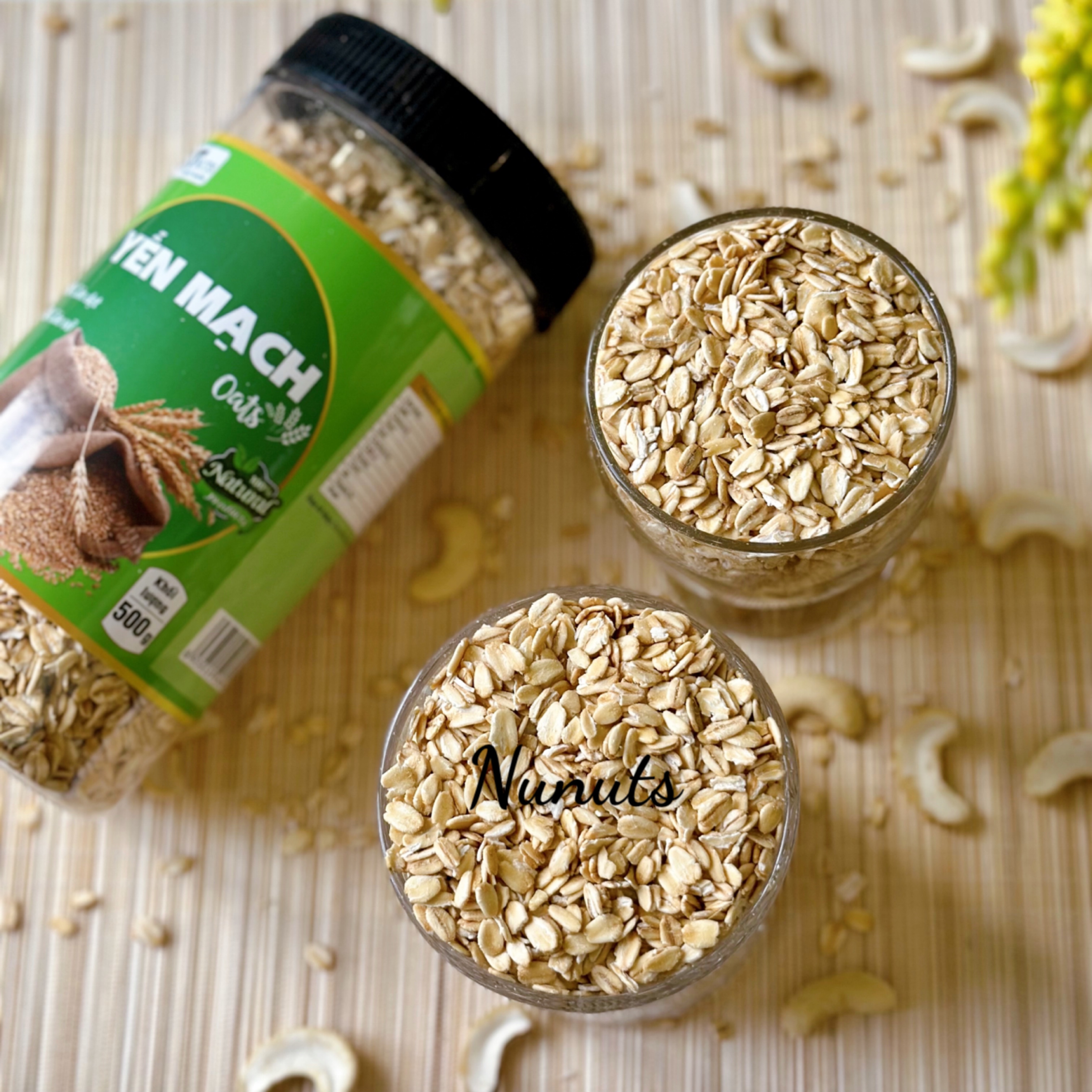 Yến mạch nguyên cám, hữu cơ Nunuts có cán dẹt và cán bể nấu cháo ăn dặm hoặc làm granola, sinh tố  hũ 500g