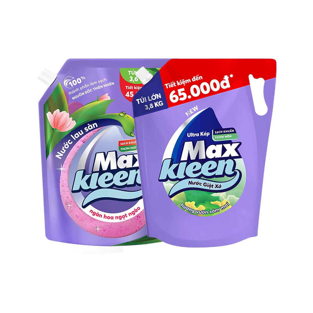 Combo Túi Nước Lau Sàn 3.6kg Ngàn hoa ngọt ngào + Túi Nước Giặt Xả MaxKleen 3.8kg Vườn Sớm Mai