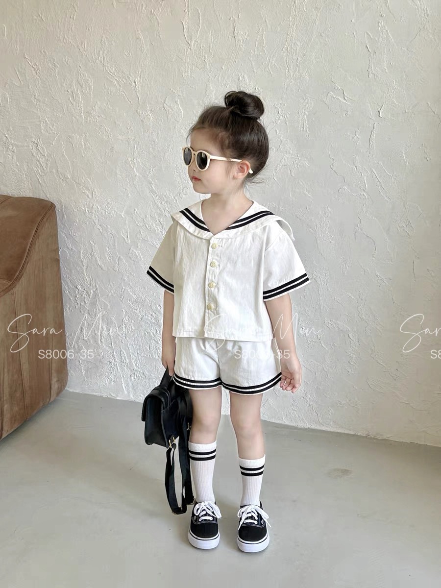 [Từ 1 đến 12 tuổi] Set bộ trắng Hải quân thô cotton mềm mịn hút mồ hôi đi học đi chơi