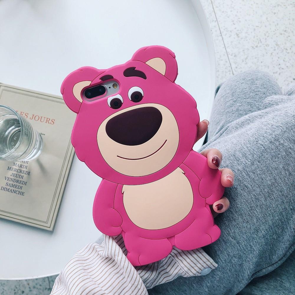 Ốp điện thoại bảo vệ hình chú gấu màu dâu tây 3D dễ thương dành cho iPhone 6 6s 7 8 Plus X Xs Max Xr 11 Pro Max