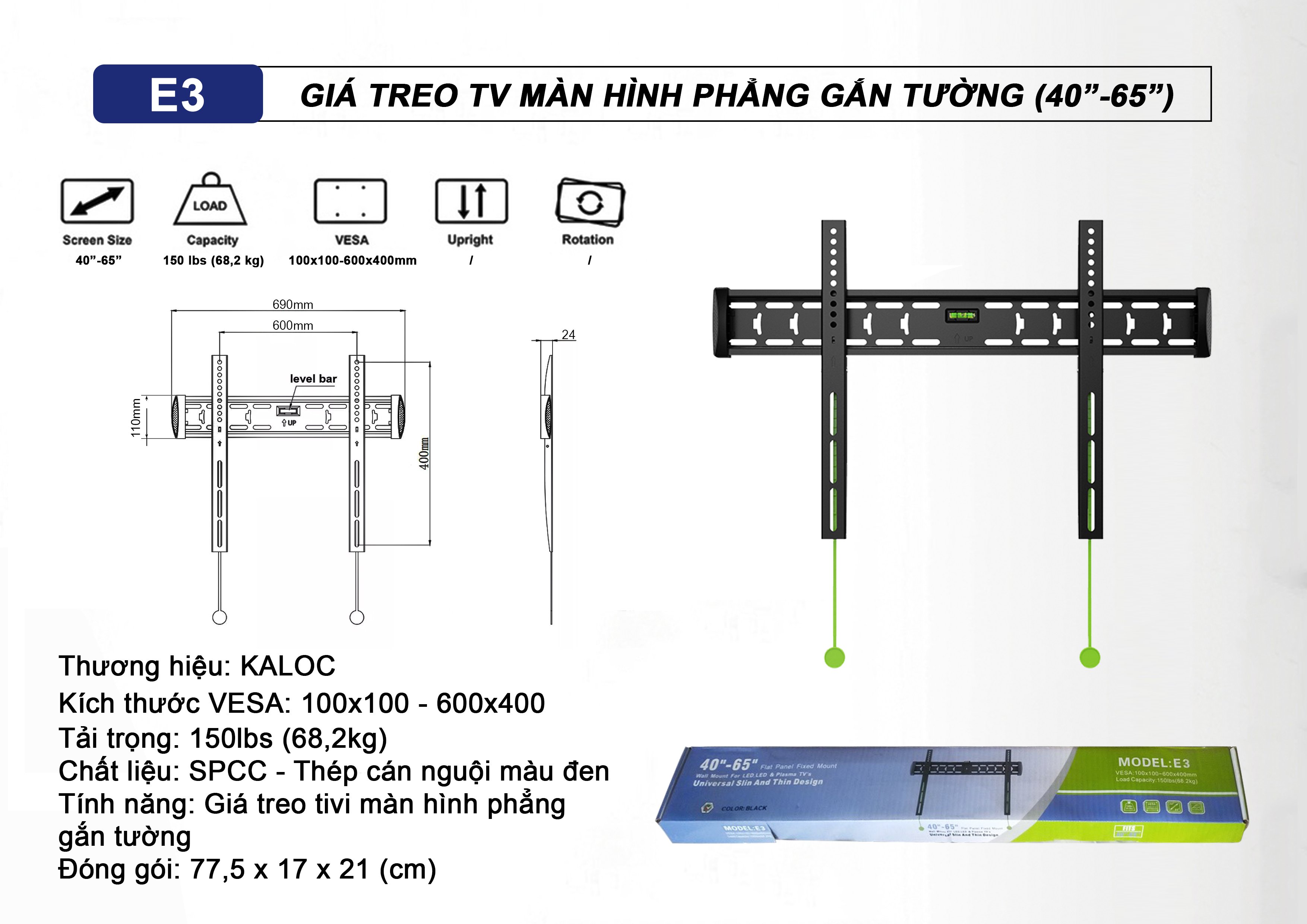 Giá treo ti vi thẳng sát tường 40 đến 65 inch E3 (Phiên bản cao cấp hơn C3F) Đầy đủ CO,CQ