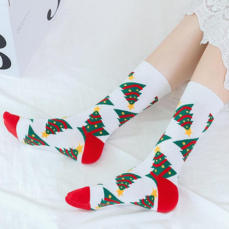 1 đôi vớ cotton cổ trung thoáng khí in họa tiết Giáng Sinh màu sắc thời trang thu đông