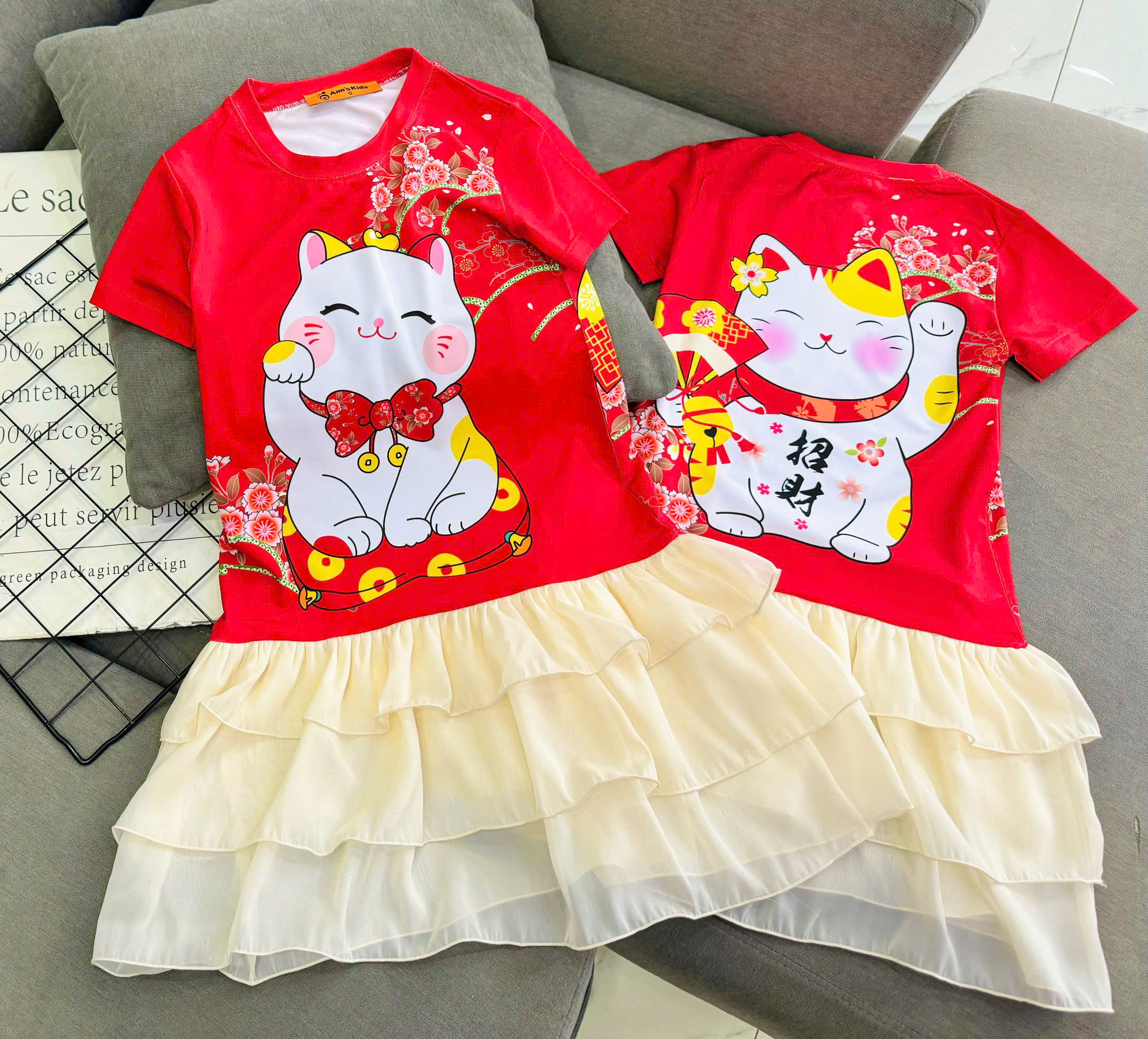 Đầm váy suông cho bé gái diện tết labubu baby three capybara size 12-45kg chất thun lạnh mềm mát