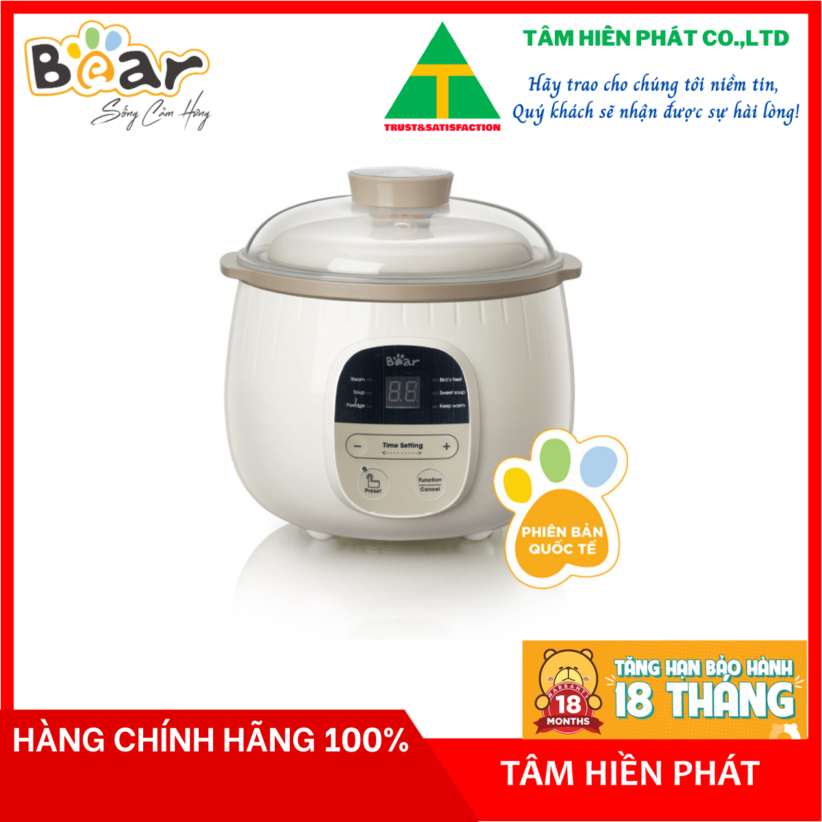 Nồi Chưng Yến, Tiềm Thuốc Bắc BEAR SUBE001 Kèm Lồng Hấp Dung Tích 0.8 Lít, Công Suất 200W - Hàng Chính Hãng