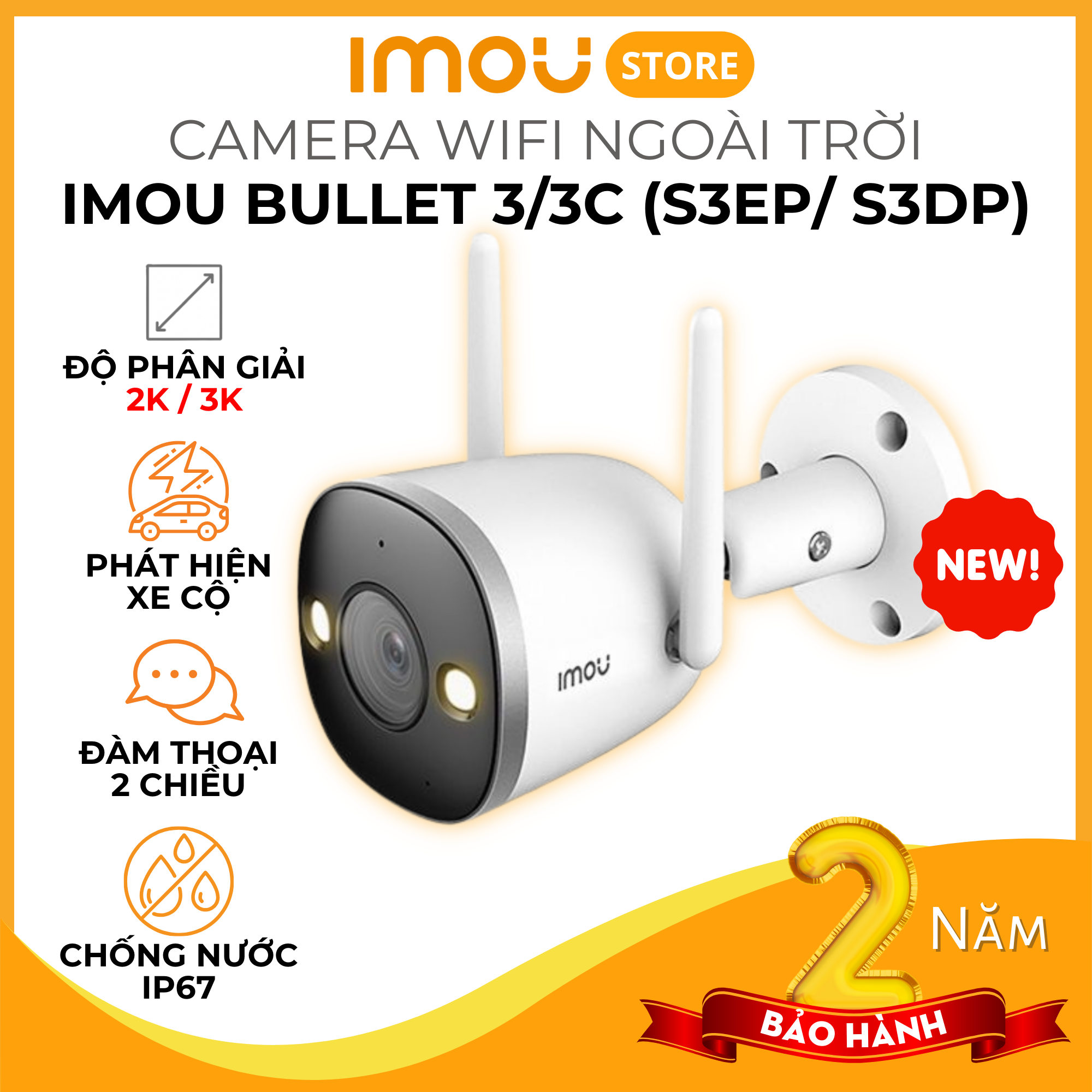 Camera Imou Bullet 3 / Bullet 3C - Camera Wifi Ngoài trời , Độ phân giải 2K/ 3K, Đàm thoại 2 chiều, Chống nước IP67 - Hàng chính hãng