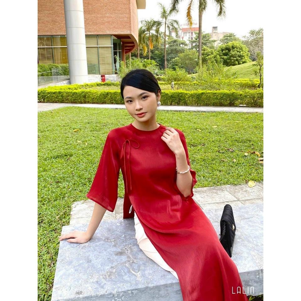 Áo dài cách tân 4 tà cổ tròng thiết kế đính nơ đơn giản cho các nàng đi lễ , đi hội ,..