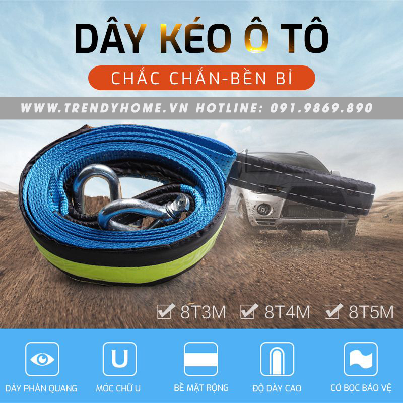 Dây cáp vải kéo cứu hộ ô tô 8 tấn 5 mét bản 75mm may 2 lớp + 2 ma ní + túi vải