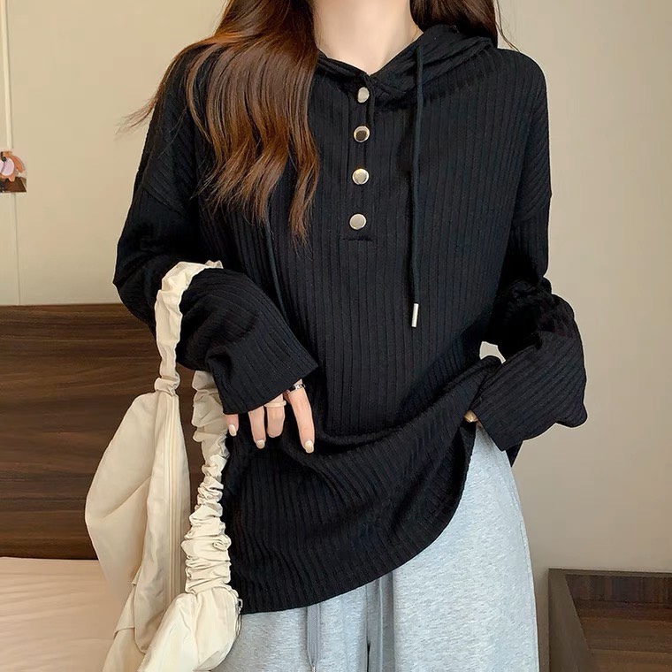 Áo Hoodie Nữ Mỏng Vải Nhung Dài Tay Cúc Bấm Áo Thun Mỏng Nữ 3 Màu