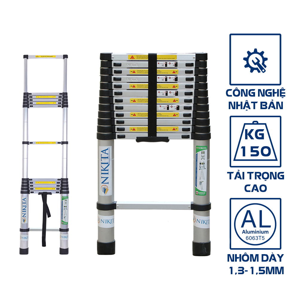 Thang nhôm rút gọn, an toàn, tiện dụng, đa năng - Nhôm 6063 không rỉ - Chính hãng NIKITA