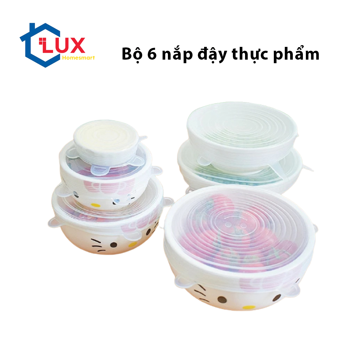 Bộ 6 Miếng Bọc Thực Phẩm Silicone, Nắp Đậy Màng Silicon Bảo Quản Thức Ăn Dày Dặn Độ Co Giãn Tốt S6N