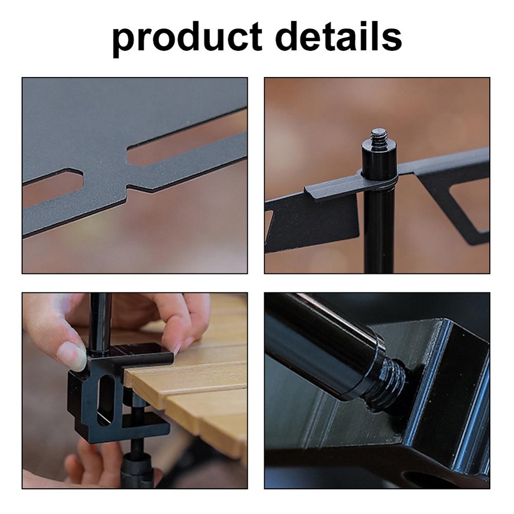 Desk-Mounted Camping Detachable Lamp Holder Practical High Strength Metal Black Outdoor Hiking Storage Rack Light Bracket Drying Rack Hung Shelf With Hook