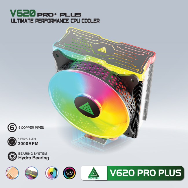 Quạt tản nhiệt CPU VSP V620 Pro plus Fan 12cm LED RGB 6 ống đồng - Hàng chính hãng TECH VISION phân