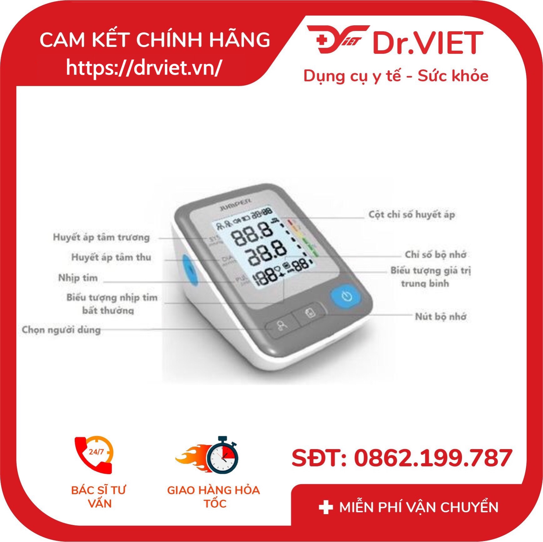 Máy đo huyết áp bắp tay Jumper JPD-HA300 CHÍNH HÃNG xuất Germany - Bảo hành 5 năm - Thao tác dễ dàng - Thiết kế nhỏ gọn, tiện lợi - Màn hình hiển thị lớn- Bộ nhớ lên đến 99 lần cho 2 người dùng