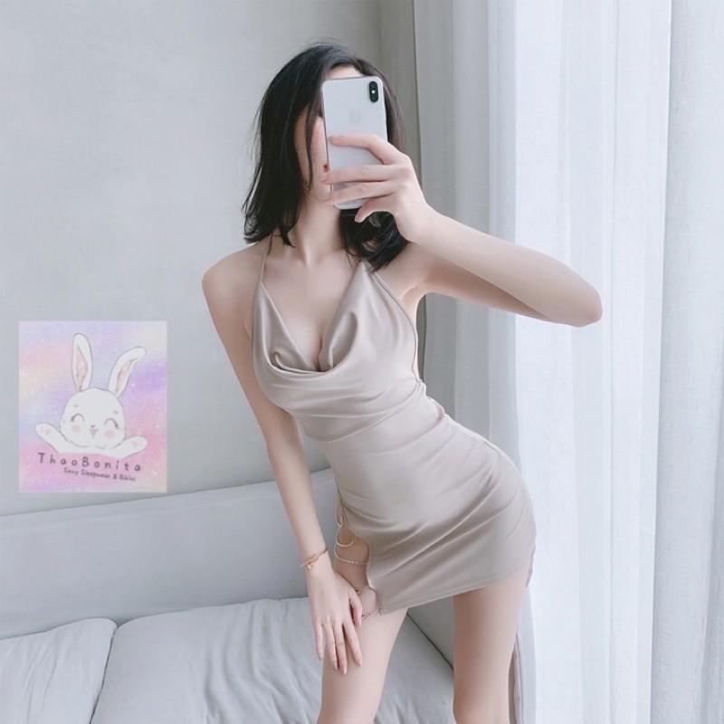 Váy Ngủ Sexy Xẻ Tà Phối Đá Lấp Lánh. SHIP HỎA TỐC TPHCM. Đồ Ngủ Cosplay Sexy. ThaoBonita T486