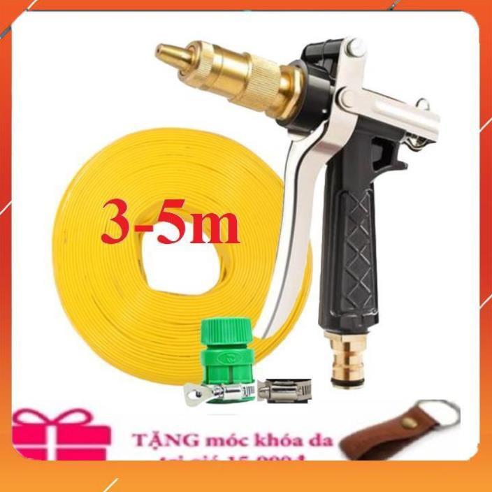 Bộ dây vòi xịt nước rửa xe, tưới cây ,tăng áp 3 lần,loại 3m, 5m 206236 đầu đồng,đai,nối nhựa vàng+ móc khoá