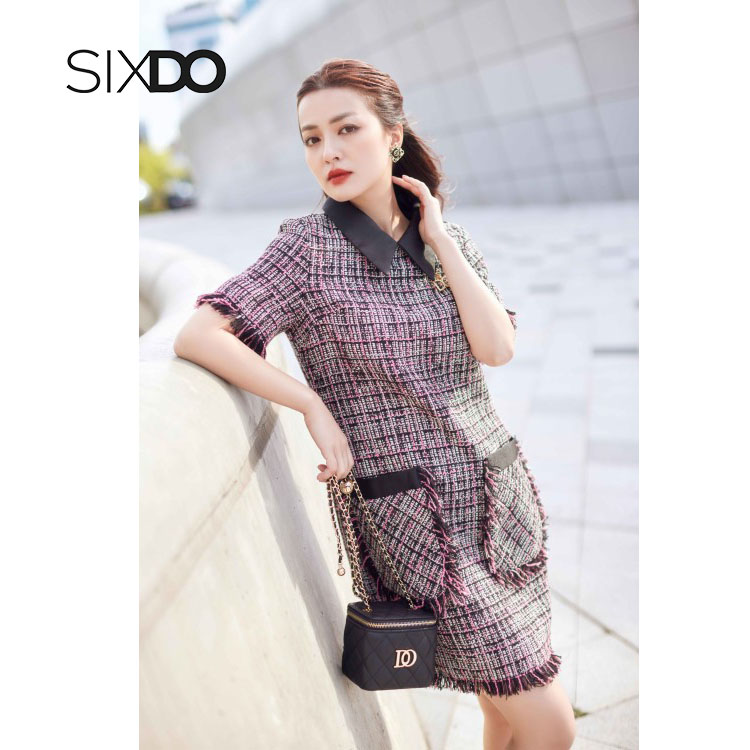 Đầm suông tweed cổ sơ mi thời trang SIXDO