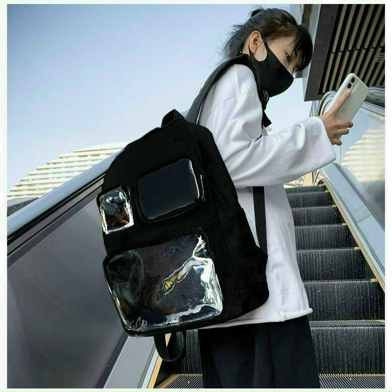 Balo unisex dành cho cả nam và nữ, chất vải bố dày dặn, nhiều ngăn túi hộp trong suốt, phù hợp đi học hay đi chơi