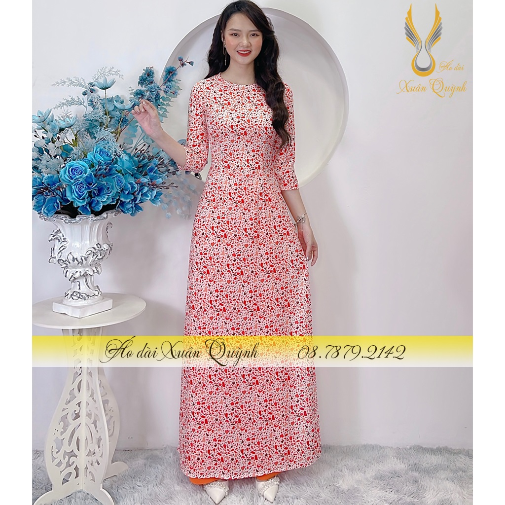 Áo Dài Truyền Thống Màu Đỏ Phối Cam Thanh Lịch, Duyên Dáng Lụa Habutai Cao Cấp K65