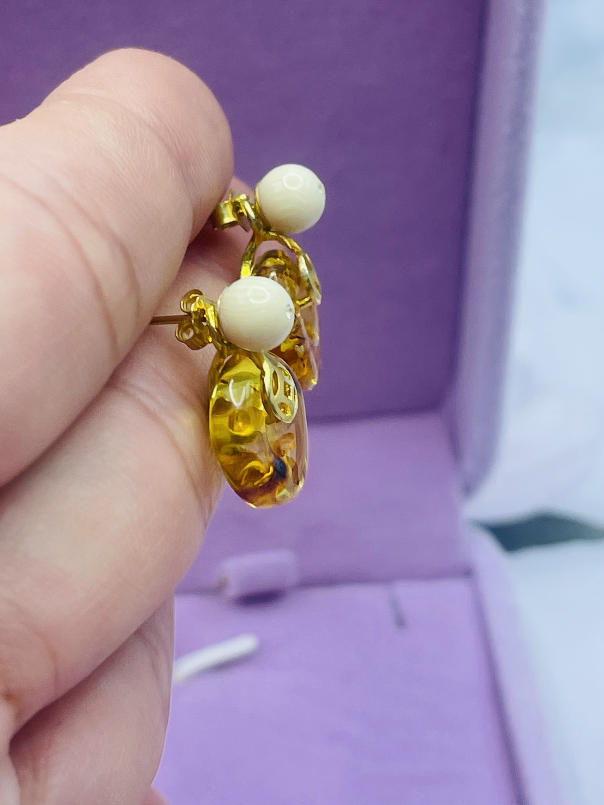 Hoa tai Bạc 925 xi Kim phối Ngờ và Hổ Phách