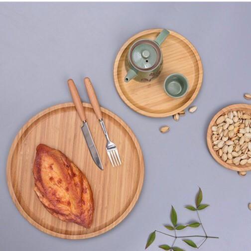 Khay gỗ, khay đựng đồ ăn, đĩa gỗ tròn chụp ảnh decor kiểu Nhật chất liệu tre