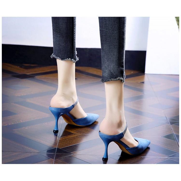Giày, sandal cao gót BBC51 nữ 7 phân gót nhọn da lộn hở gót đính đá thời trang Hàn Quốc