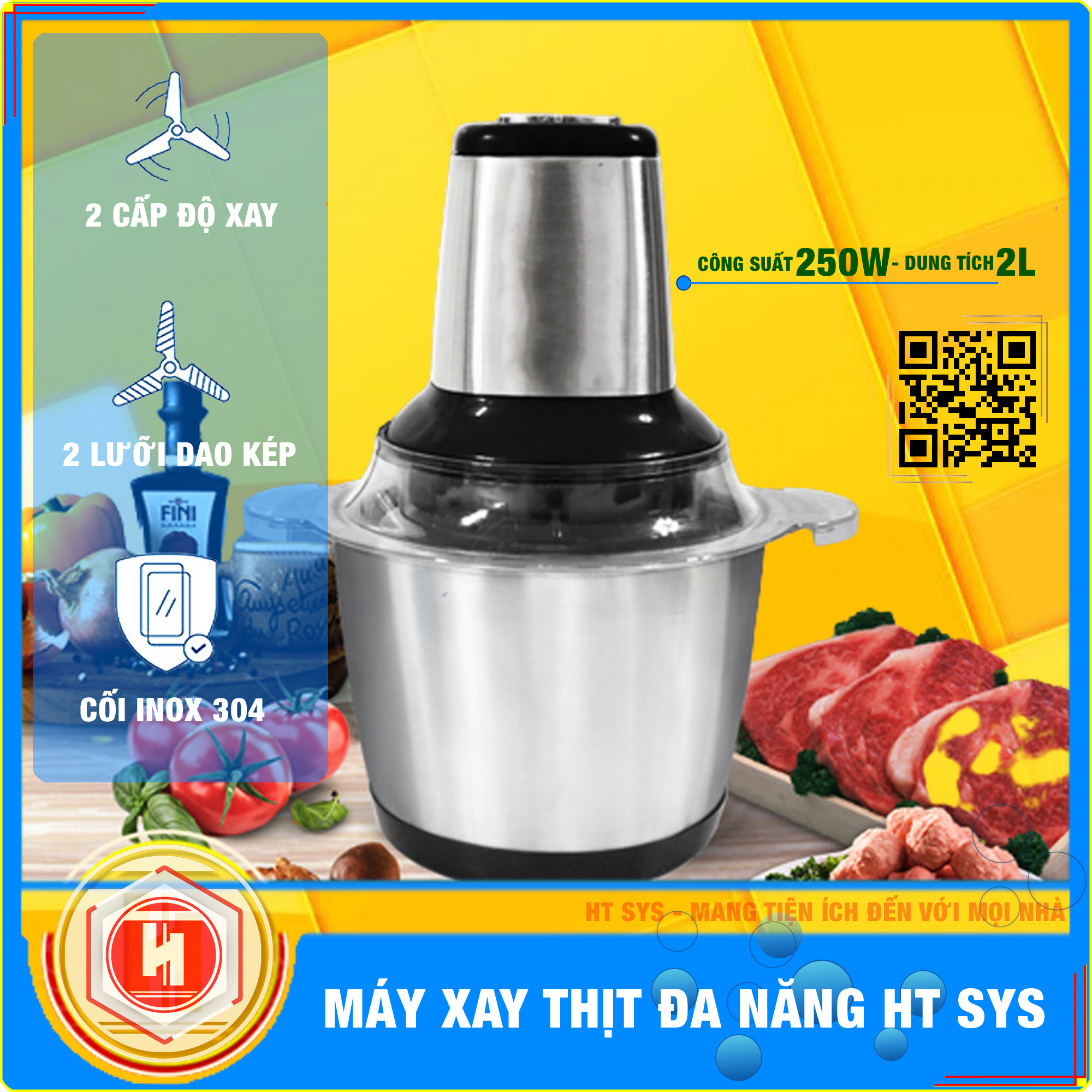 Máy Xay Thịt Gia Đình Đa Năng HT SYS (250W/2L)-Cối 2 Lít inox 304-Máy Xay Hành, Tỏi, Rau Củ ,Thịt - Hàng Nhập Khẩu