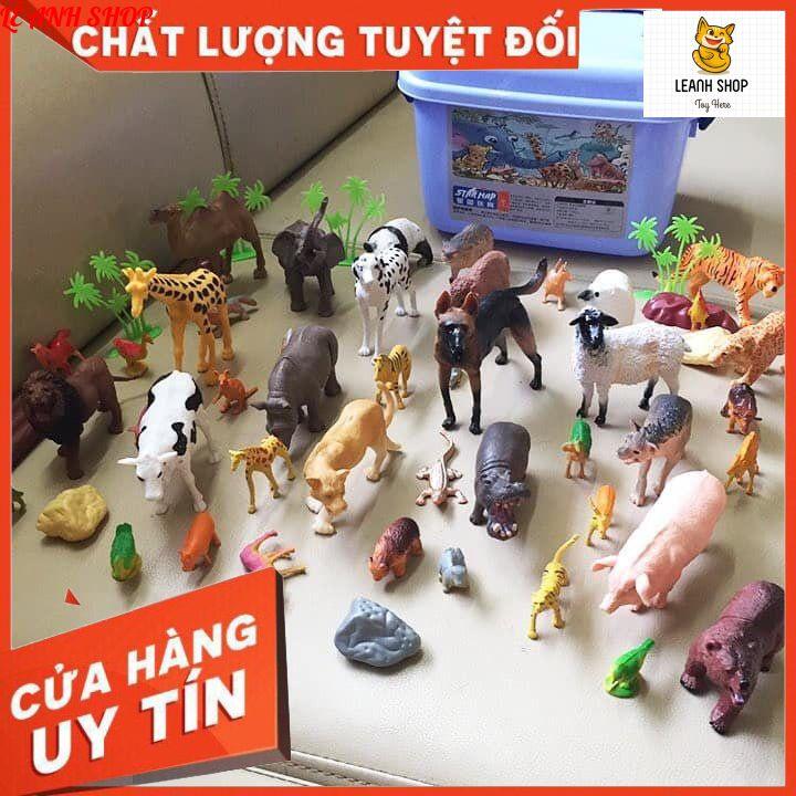 Đồ chơi mô hình con vật cho bé khám phá thế giới, bộ thế giới động vật và cây cối 58 chi tiết có hộp đựng