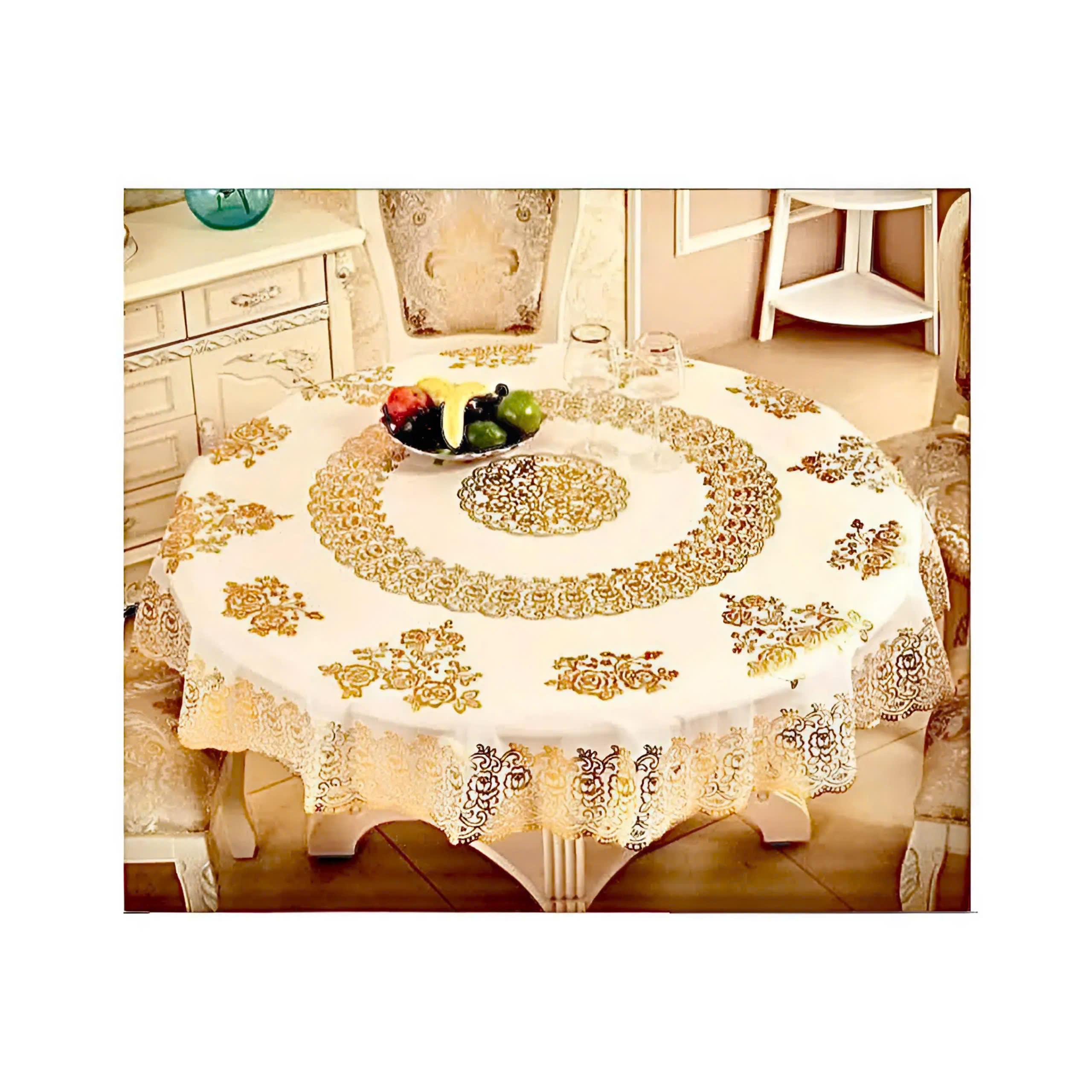 (Tặng 1 lót phần ăn 30x45 cm) Khăn Trải Bàn WLG.751 tròn, đường kính 180 cm,  hoa văn phủ nhũ vàng, nhựa PVC dẻo, không thấm nước