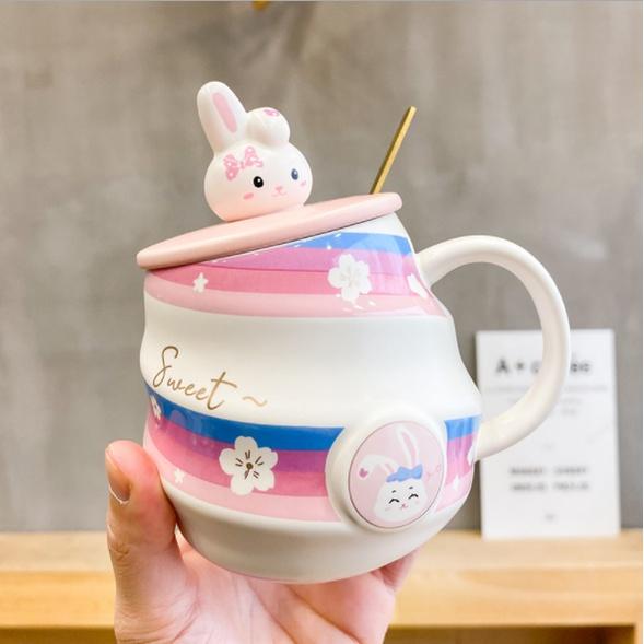 Cốc sứ kỳ lân, thỏ xoáy cầu vồng có nắp thìa - Cốc uống nước họa tiết unicorn dễ thương - quà tặng văn phòng