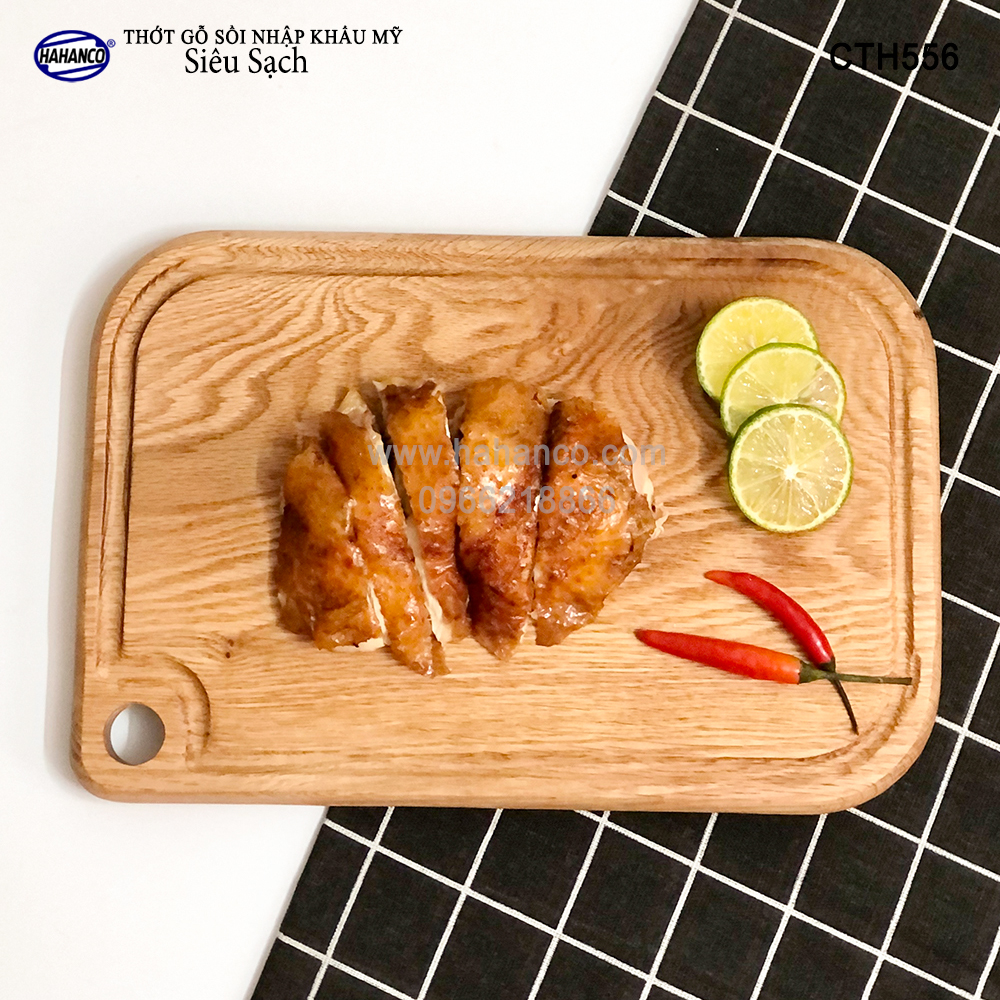 Thớt hình chữ nhật gỗ Sồi Mỹ (OAK) có rãnh bao quanh tiện dụng (CTH556) hàng Xuất Khẩu Châu Âu - khay bánh mì/trái cây/ bít tết/ pizza/ phụ kiện chụp ảnh, bày món ăn trong nhà hàng - Sang trọng trên bàn ăn - HAHANCO