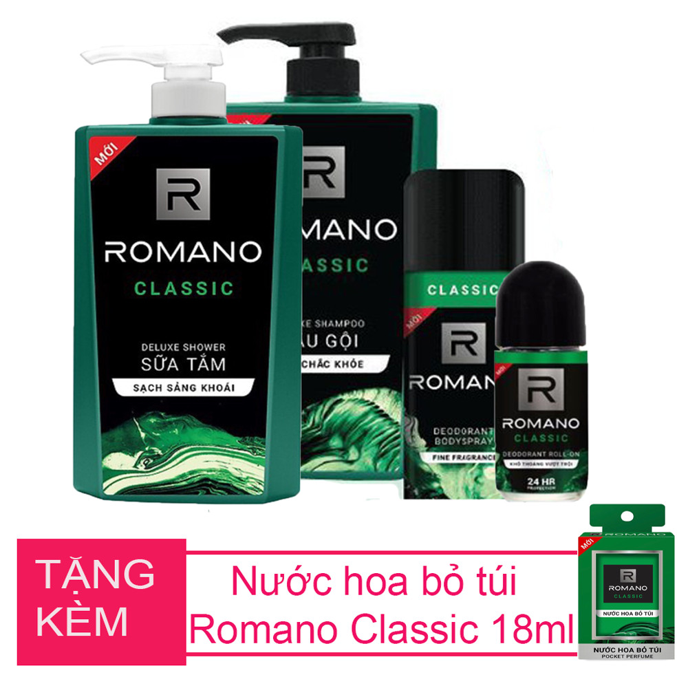 Bộ Romano Classic: Dầu gội 650g, sữa tắm 650g, xịt khử mùi 150ml,lăn khử mùi 50ml +Tặng kèm nước hoa bỏ túi 18ml