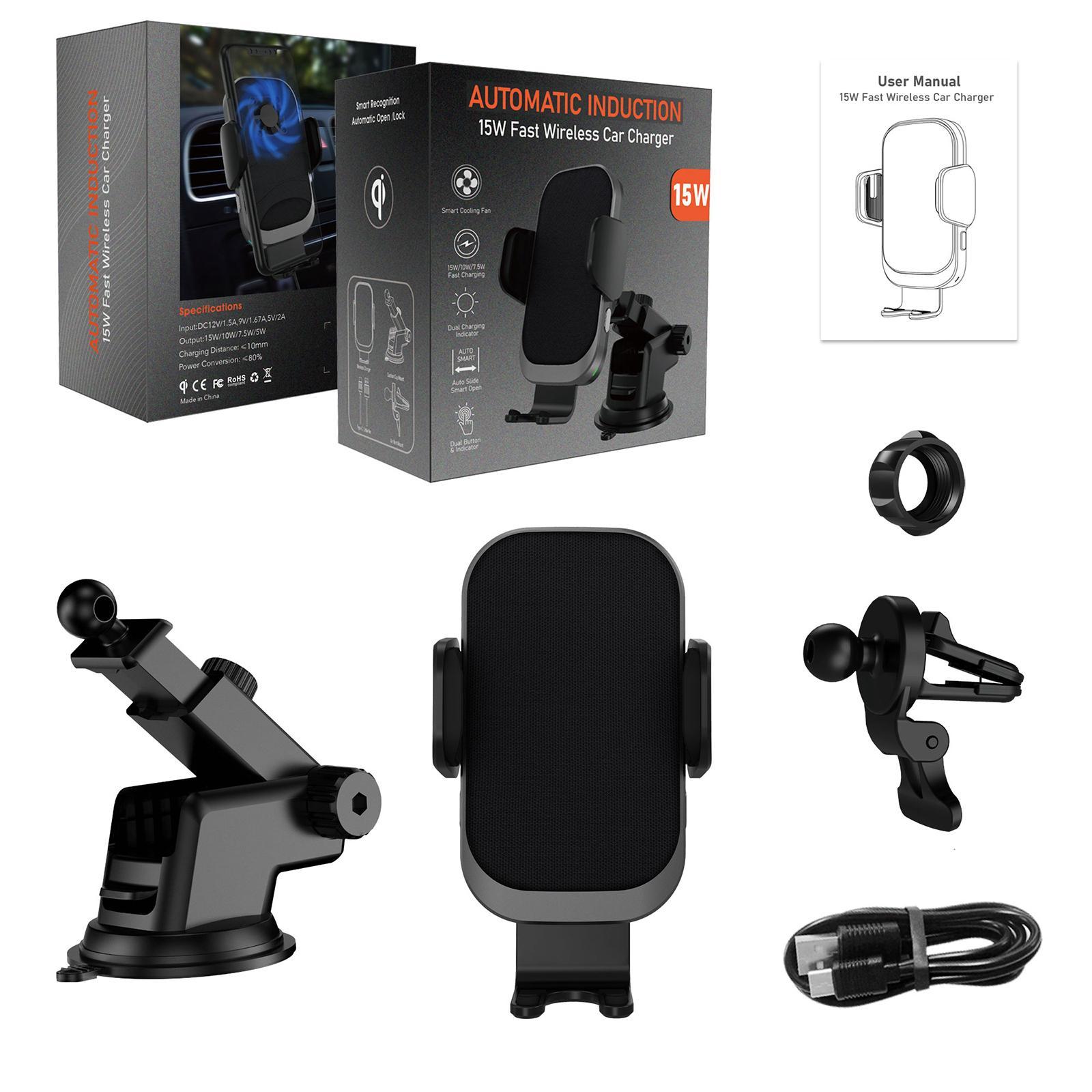 Wireless Car Charger Mount Auto-Clamping Qi 15W 10W 7.5W Phone Holder Black