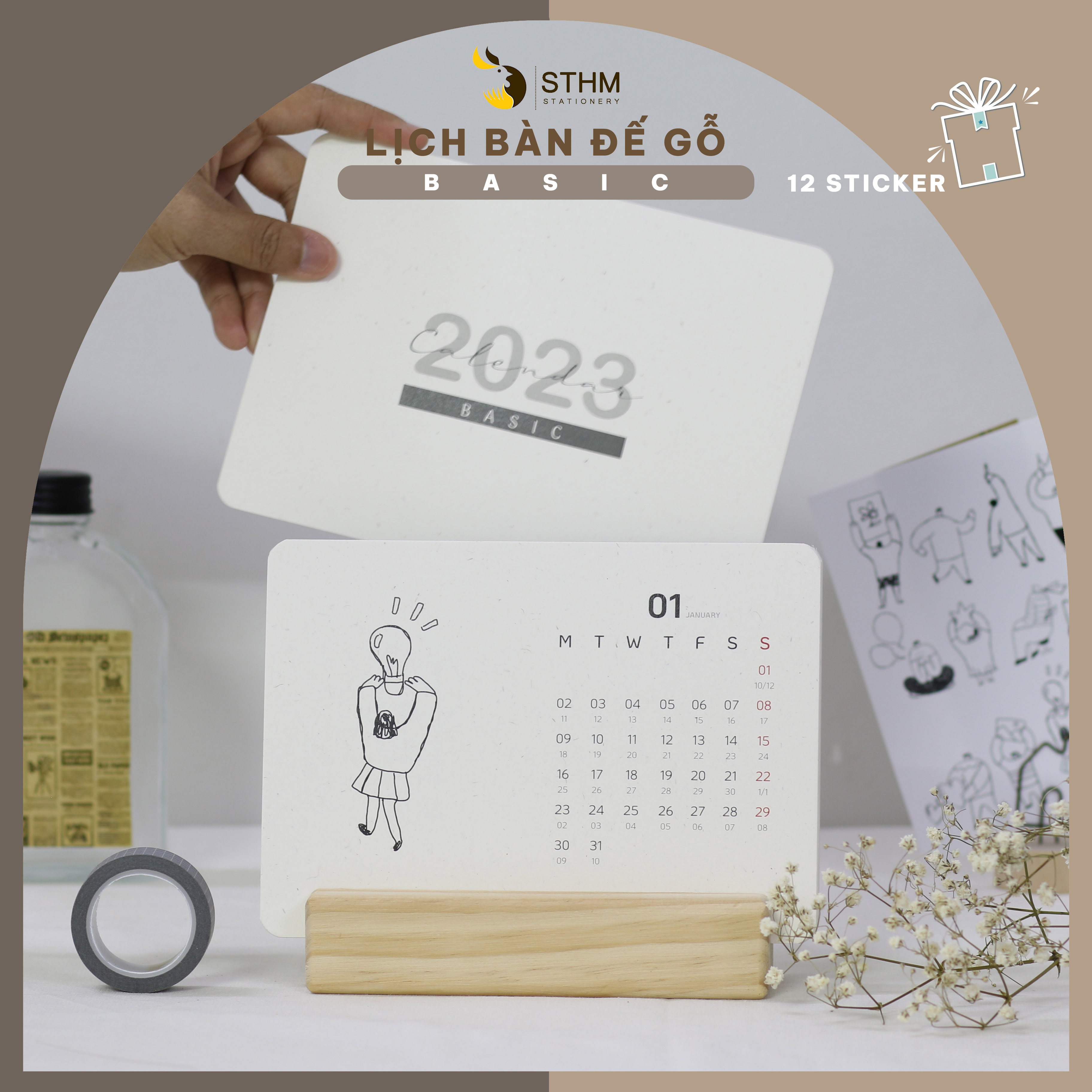 [STHM stationery ] - Lịch bàn đế gỗ 2023 - Basic - Tặng 12 sticker - Giấy mỹ thuật 220gsm - Có lịch âm dương