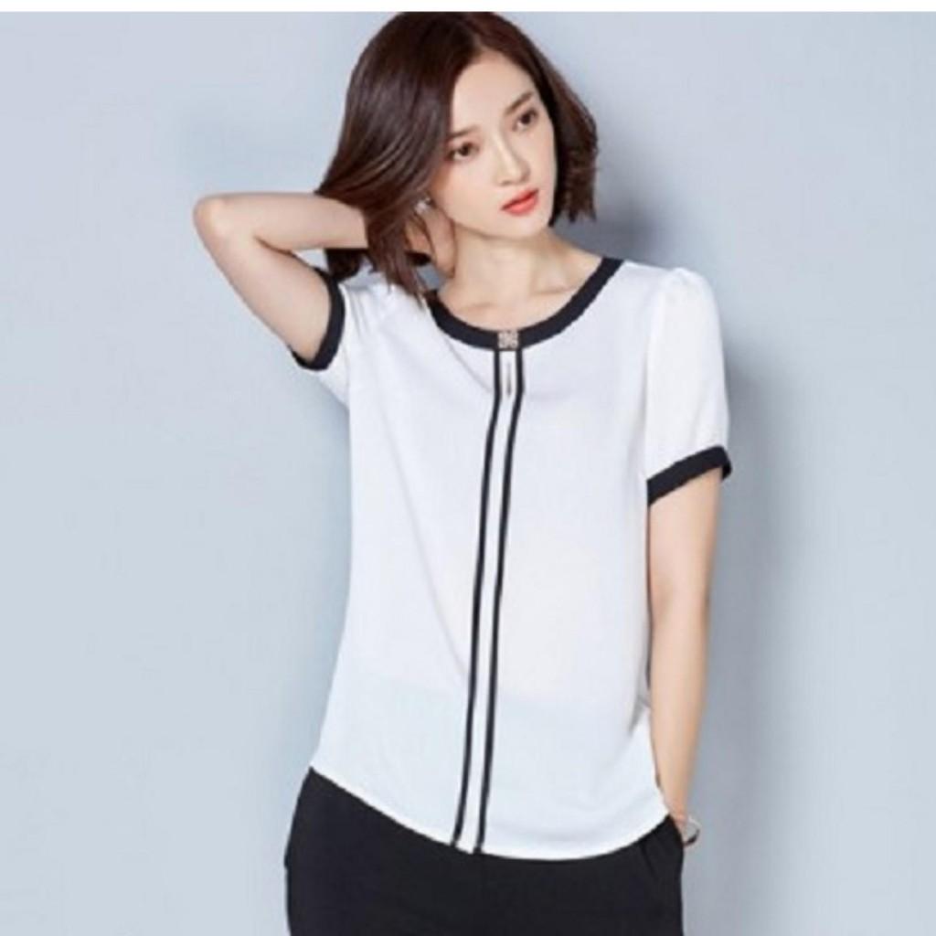 Aó công sở viền đen tay ngắn