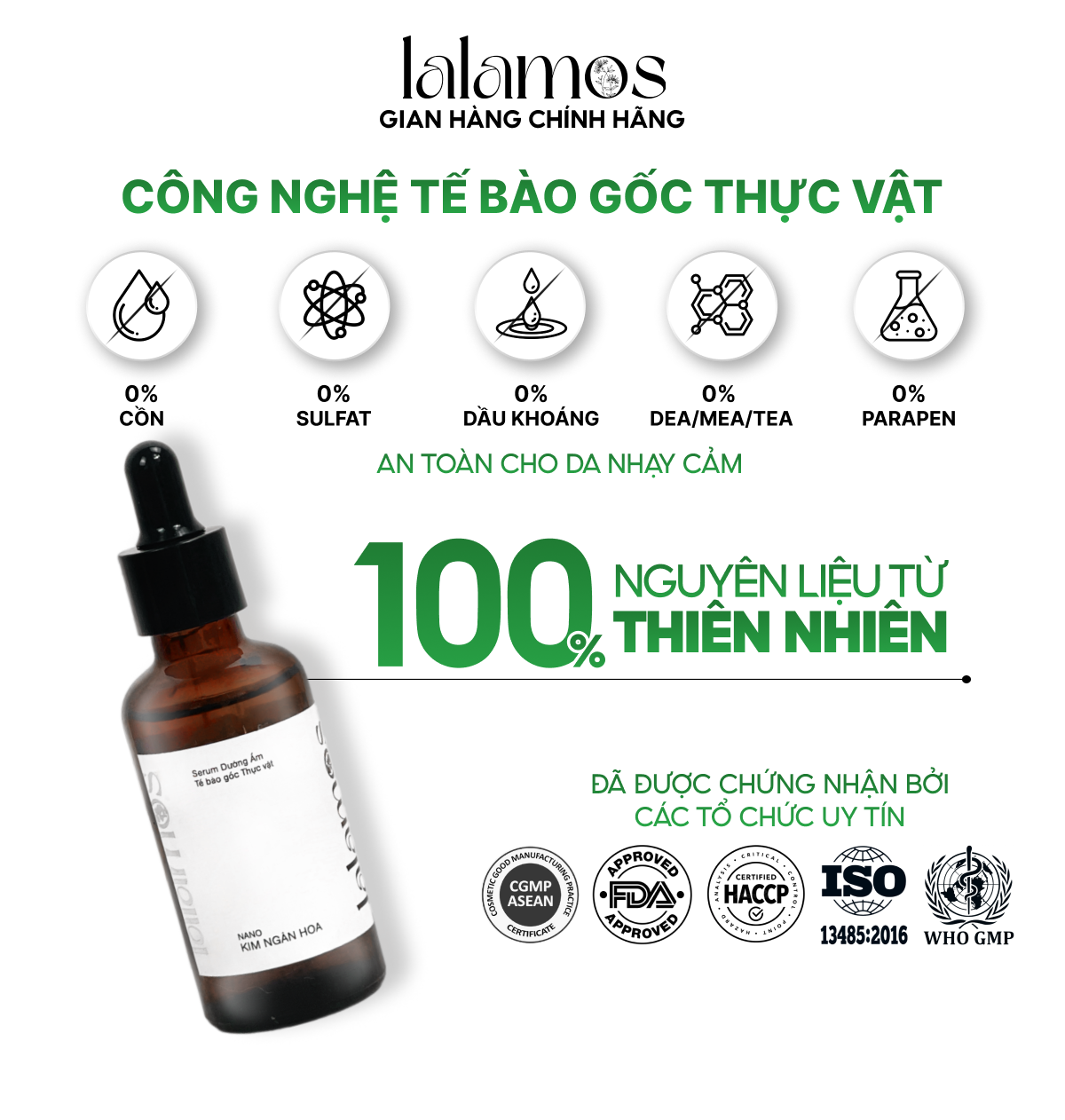 Serum dưỡng ẩm Nano Kim Ngân Hoa Lalamos giúp phục hồi và tái tạo da 50ml