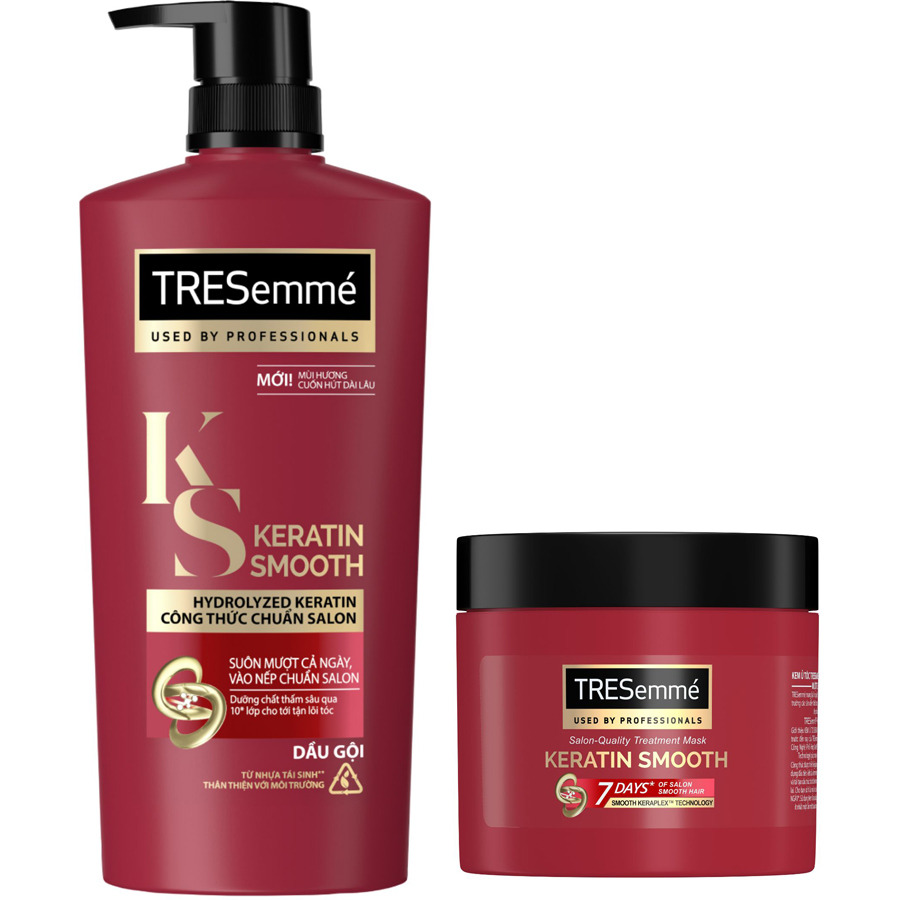 Combo Dầu Gội 850g &amp; Kem Ủ 180ml TRESemmé Keratin Smooth với công thức Hydrolyzed Keratin Vào Nếp Suôn Mượt chuẩn Salon