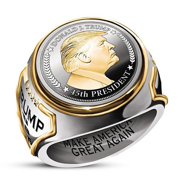 Combo Nhẫn Nam Nữ đúc hình tổng thống thứ 45 nước Mỹ, Chất liệu hợp kim, Phong cách mạnh mẽ, kèm hộp đựng Cẩm tú